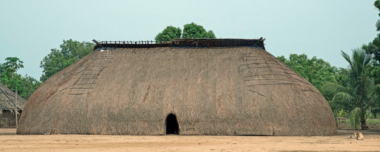 Imagem: Fotografia. Oca grande e extensa com paredes marrons e telhado de madeira. Ao fundo, várias árvores.  Fim da imagem.