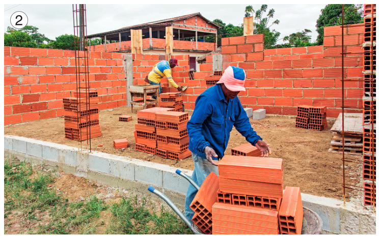 Imagem: Fotografia 2. No centro, um homem está pegando um tijolo de uma pilha. Atrás dele há uma estrutura de tijolos e outro homem está colocando cimento nas paredes. Fim da imagem.