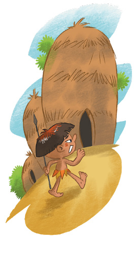 Imagem: Ilustração. Um menino indígena com pinturas no rosto, cabelo curto e saia está segurando uma lança e correndo em direção a uma oca. Fim da imagem.