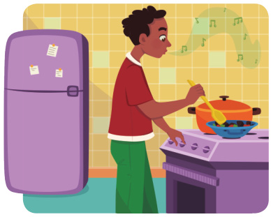 Imagem: Ilustração. Bruno, homem com cabelo castanho curto está assobiando e mexendo uma colher sobre uma panela no fogão. Ao fundo, uma geladeira.  Fim da imagem.