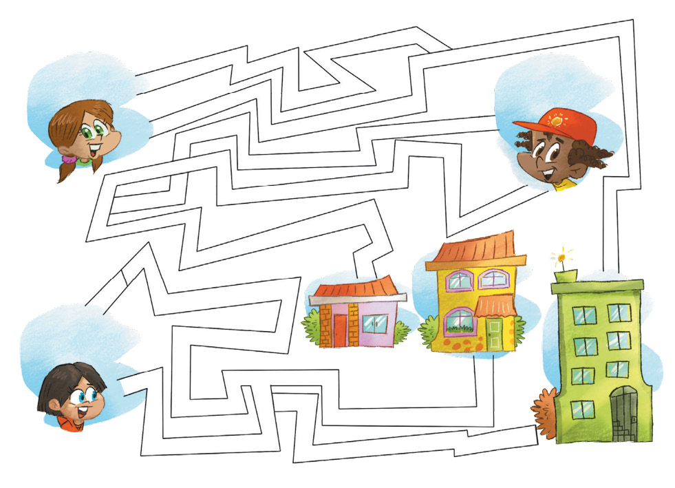 Imagem: Ilustração. No canto superior esquerdo, rosto de uma menina com cabelo preso e olhos verdes. Ela sorri e fala: SOU EDNA. MORO EM UM APARTAMENTO. No canto inferior esquerdo, uma menina com cabelo curto e olhos azuis está olhando para o lado. Ela diz: SOU CAROL E MORO EM UM SOBRADO. No canto superior direito, um menino com cabelo encaracolado e boné vermelho fala: SOU PEDRO E MINHA CASA É TÉRREA. No canto inferior direito há uma casa rosa, um sobrado amarelo e um prédio verde. No centro há caminhos de labirinto.   Fim da imagem.