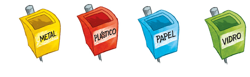 Imagem: Ilustração. Um cesto de lixo amarelo (metal).  Ilustração. Um cesto de lixo vermelho (plástico).  Ilustração. Um cesto de lixo azul (papel).  Ilustração. Um cesto de lixo verde (vidro).   Fim da imagem.