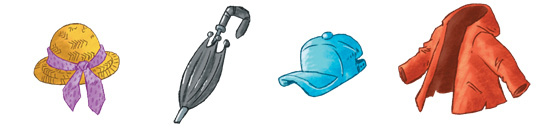 Imagem: Ilustração. Um chapéu amarelo com um lenço roxo em volta.  Ilustração. Um guarda-chuva preto.  Ilustração. Um boné azul.  Ilustração. Uma blusa vermelha.   Fim da imagem.