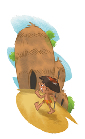 Imagem: Ilustração. Um menino indígena com cabelo curto e saia amarela está segurando uma lança e correndo em direção a uma oca.  Fim da imagem.