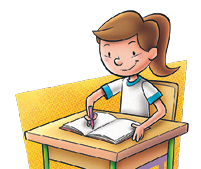 Imagem: Ilustração. Uma menina está sentada em uma carteira escolar, sorrindo e segurando um lápis sobre um caderno.  Fim da imagem.