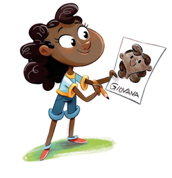 Imagem: Ilustração. Uma menina está sorrindo, segurando um lápis com a mão direita e um papel com a mão esquerda. No papel, o desenho do rosto da menina e o nome: Giovana.  Fim da imagem.