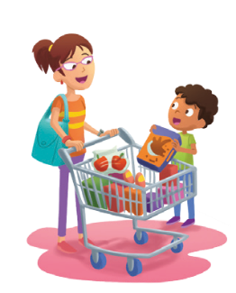 Imagem: Ilustração. A mulher está com uma bolsa pendurada no ombro e com as mãos sobre um carrinho de compras. Ao lado, o menino sorri e segura uma embalagem sobre o carrinho. Fim da imagem.