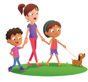 Imagem: Ilustração. A mulher está andando e segurando as mãos das crianças. A menina está segurando a coleira de um cachorro marrom.  Fim da imagem.