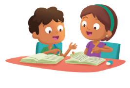 Imagem: Ilustração. A menina e o menino estão sentados atrás de uma mesa com um livro aberto em cima. Fim da imagem.