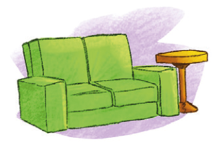 Ilustração. Um sofá verde ao lado de uma mesinha.  