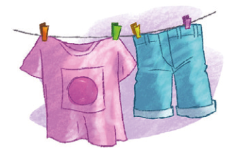 Ilustração.  Uma camiseta rosa e uma calça azul penduradas em um varal. 