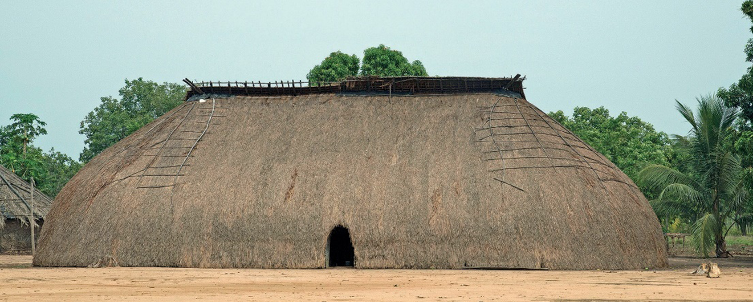 Imagem: Fotografia. Oca grande e extensa com paredes marrons e telhado de madeira. Ao fundo, várias árvores.  Fim da imagem.