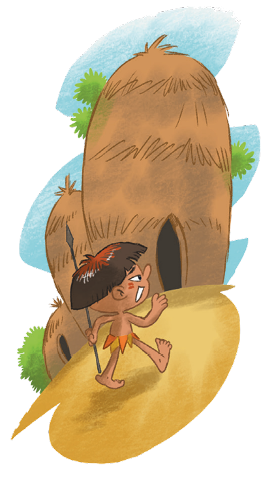 Imagem: Ilustração. Um menino indígena com pinturas no rosto, cabelo curto e saia está segurando uma lança e correndo em direção a uma oca. Fim da imagem.
