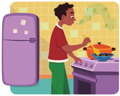 Imagem: Ilustração. Bruno, homem com cabelo castanho curto está assobiando e mexendo uma colher sobre uma panela no fogão. Ao fundo, uma geladeira.  Fim da imagem.