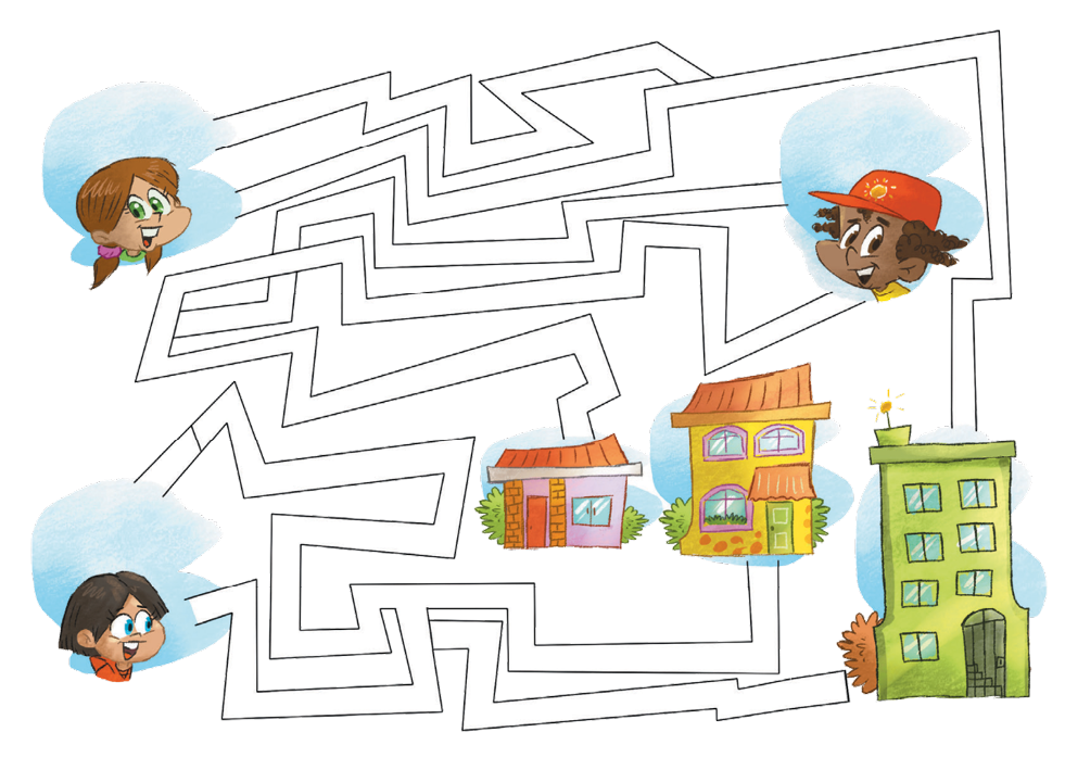 Imagem: Ilustração. No canto superior esquerdo, rosto de uma menina com cabelo preso e olhos verdes. Ela sorri e fala: SOU EDNA. MORO EM UM APARTAMENTO. No canto inferior esquerdo, uma menina com cabelo curto e olhos azuis está olhando para o lado. Ela diz: SOU CAROL E MORO EM UM SOBRADO. No canto superior direito, um menino com cabelo encaracolado e boné vermelho fala: SOU PEDRO E MINHA CASA É TÉRREA. No canto inferior direito há uma casa rosa, um sobrado amarelo e um prédio verde. No centro há caminhos de labirinto.   Fim da imagem.