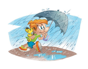 Imagem: Ilustração. Um menino ruivo com camiseta verde, bermuda azul e tênis laranja está andando e segurando um cachorro com a mão direita e um guarda-chuva com a mão esquerda. Em volta dele há chuva caindo e vento. Fim da imagem.