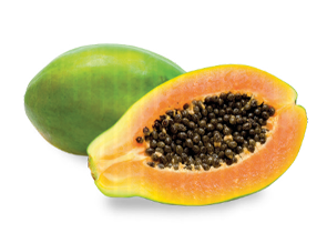 Imagem: Fotografia. Metade de um mamão com várias sementes e ao lado, um mamão inteiro.   Fim da imagem.