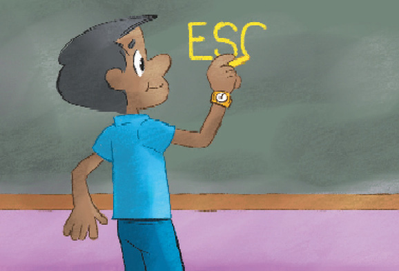 Imagem: Ilustração. Guilherme, homem com cabelo preto e curto, camiseta e calça azul está de costas, segurando um giz com a mão direita sobre uma lousa e escrevendo: ESC.    Fim da imagem.