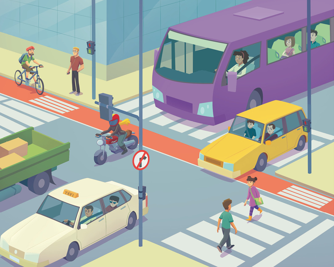 Imagem: Ilustração. À esquerda, um homem está com capacete e andando de bicicleta em uma ciclovia. Ao lado, um homem está parado na calçada. Em seguida, uma mulher está dirigindo um ônibus com dois passageiros dentro. Ao lado, um homem está dirigindo um carro amarelo. Ao seu lado, um menino está sentado com o cinto de segurança. Na frente deles, um homem está dirigindo um táxi bege com um passageiro no banco traseiro. Ao lado, uma mulher está com capacete e dirigindo uma moto. Em seguida, duas pessoas estão atravessando a rua na faixa de pedestres.   Fim da imagem.