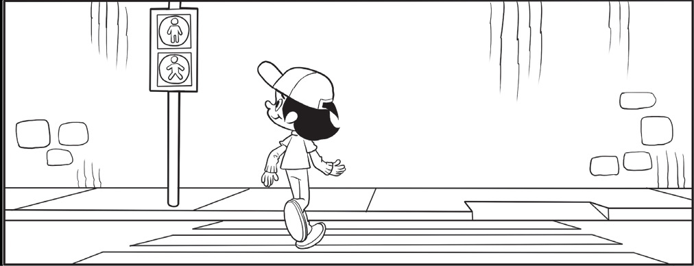 Imagem: Ilustração em preto e branco. Um menino está sorrindo e atravessando a rua sobre uma faixa de pedestres. Ele olha para o semáforo de pedestres com um boneco parado na parte superior e um boneco andando na parte inferior.    Fim da imagem.