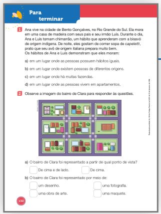 Imagem: Ilustração. Exemplifica como será a seção Para terminar. Página composta por textos e imagens. Fim da imagem.