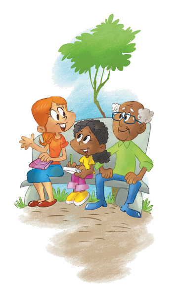 Imagem: Ilustração. Uma menina com cabelo encaracolado e preso está sentada em um banco, segurando um lápis sobre um bloco de notas e olhando para o lado. À sua direita, uma mulher ruiva com cabelo preso está sentada com uma bolsa sobre as pernas, a boca aberta e com a mão direita virada para cima. À esquerda da menina, um senhor calvo com cabelo e sobrancelhas grisalhas e óculos está sentado com as mãos sobre as pernas e sorrindo. Ao fundo, uma árvore. Fim da imagem.