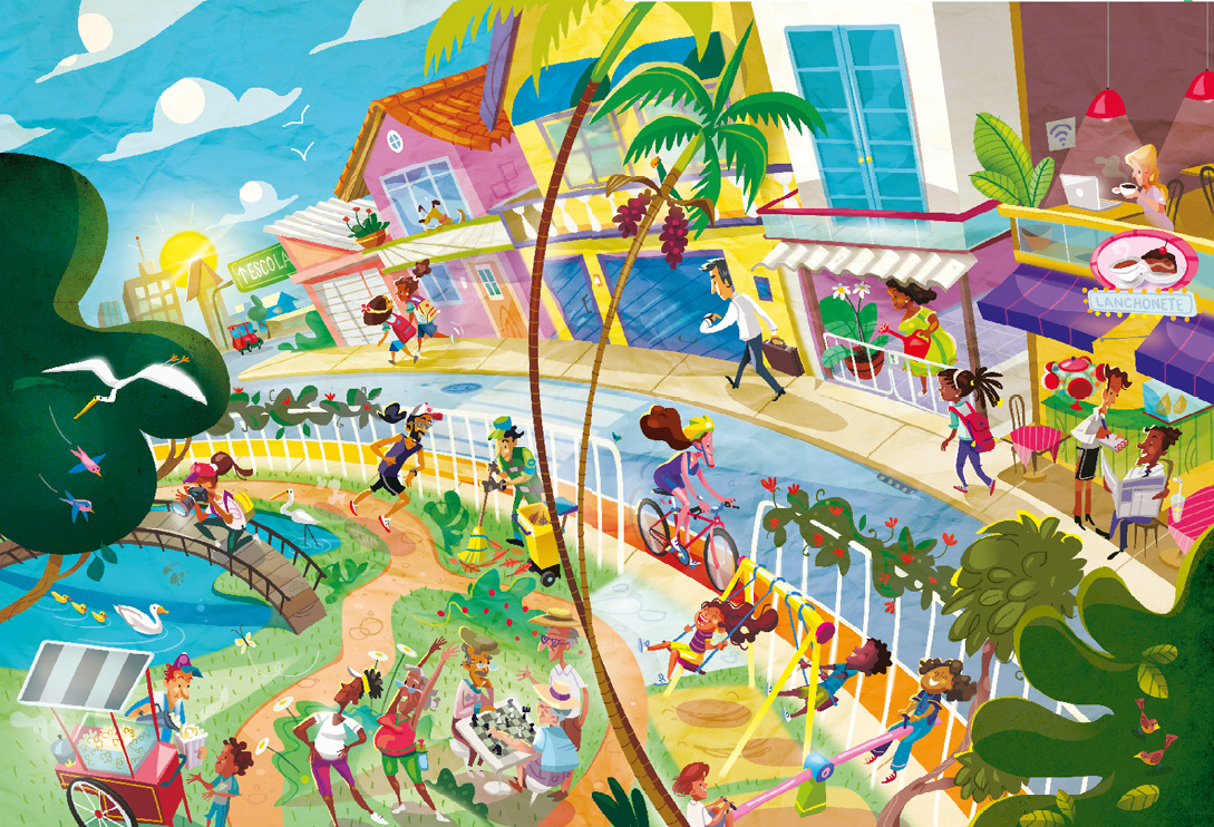 Imagem: Ilustração. À esquerda, uma mulher está ajoelhada sobre uma ponte e segurando uma câmera fotográfica. Na frente dela há patos nadando em um lago. Atrás dela, um homem está correndo e outro homem com uniforme verde está varrendo o chão ao lado de um cesto de lixo amarelo. Em seguida, um homem está segurando um saco de pipocas e entregando para um menino. Ao lado deles há um carrinho de pipocas. Em seguida, duas senhoras estão sorrindo e se alongando. Atrás delas, dois senhores estão sentados em volta de uma mesa de xadrez. Ao lado, duas crianças estão sentadas em balanços e mais duas crianças estão sentadas em uma gangorra. Atrás delas, uma mulher está andando de bicicleta em volta do parque. No centro há uma rua asfaltada e do outro lado há pessoas andando em uma calçada. Ao fundo há casas e uma pessoa está anotando o pedido de outra pessoa, que está sentada em uma mesa em uma lanchonete. Atrás há um carro vermelho na rua, prédios e o sol no céu azul. Fim da imagem.