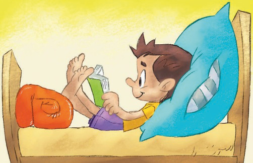 Imagem: Ilustração. Um menino está deitado na cama e lendo um livro.  Fim da imagem.
