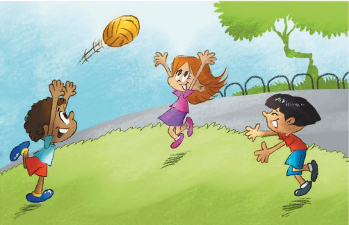 Imagem: Ilustração. Três crianças estão sorrindo e brincando com uma bola. Ao fundo, árvores. Fim da imagem.