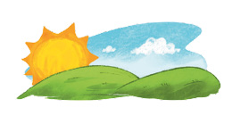 Imagem: Ilustração. Um sol nascendo atrás de um morro. Ao fundo, nuvens no céu azul.  Fim da imagem.