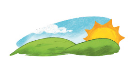 Imagem: Ilustração. Um sol se pondo atrás de um morro. Ao fundo, nuvens no céu azul. Fim da imagem.