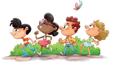 Imagem: Ilustração. Quatro crianças estão andando em fila e sorrindo. Acima delas há uma borboleta voando e ao fundo, moitas.  Fim da imagem.