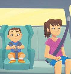 Imagem: Ilustração. Uma menina está sentada no banco traseiro de um carro com o cinto de segurança em volta do corpo. Ao seu lado, um menino está sentado em um cadeirão com cinto de segurança.   Fim da imagem.