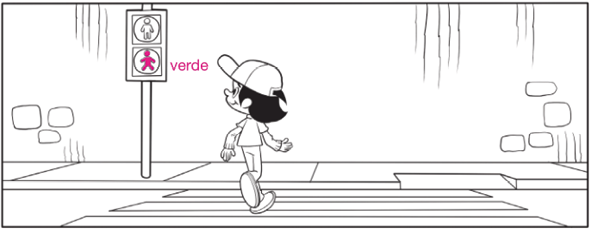 Imagem: RESPOSTA: Destaque para a parte inferior do semáforo com o boneco andando e pintando de rosa. Ao lado, a informação: VERDE.  Fim da imagem.