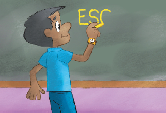 Imagem: Ilustração. Guilherme, homem com cabelo preto e curto, camiseta e calça azul está de costas, segurando um giz com a mão direita sobre uma lousa e escrevendo: ESC.    Fim da imagem.