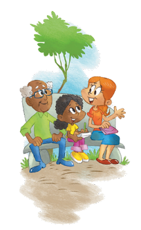 Imagem: Ilustração. Uma menina com cabelo encaracolado e preso está sentada em um banco, segurando um lápis sobre um bloco de notas e olhando para o lado. À sua esquerda, uma mulher ruiva com cabelo preso está sentada com uma bolsa sobre as pernas, a boca aberta e com a mão esquerda virada para cima. À direita da menina, um senhor calvo com cabelo e sobrancelhas grisalhas e óculos está sentado com as mãos sobre as pernas e sorrindo. Ao fundo, uma árvore. Fim da imagem.