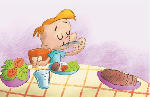 Imagem: Ilustração. Um menino está sentado e segurando um garfo na boca. Na frente dele há um prato com comida sobre uma mesa. Fim da imagem.
