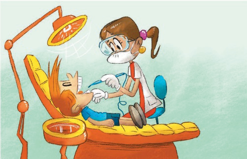 Imagem: Ilustração. Um menino está sentado em uma cadeira e com a boca aberta. Ao seu lado, uma dentista com óculos de proteção e máscara está segurando um aparelho dentro da boca dele.  Fim da imagem.