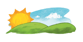 Imagem: Ilustração. Um sol nascendo atrás de um morro. Ao fundo, nuvens no céu azul.  Fim da imagem.