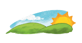 Imagem: Ilustração. Um sol se pondo atrás de um morro. Ao fundo, nuvens no céu azul. Fim da imagem.