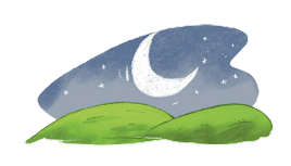 Imagem: Ilustração de morros verdes. Ao fundo, uma lua e estrelas no céu escuro.  Fim da imagem.