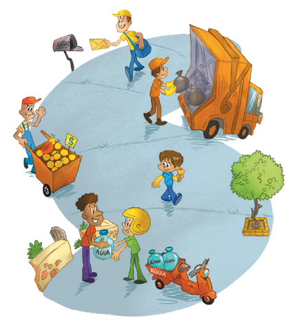 Imagem: Ilustração. Na parte inferior, um homem com capacete está sorrindo e entregando um galão de água para um homem, que está parado na frente de um portão aberto. Atrás deles há uma moto com galões de água na garupa. No centro, um menino está andando e segurando um sorvete. Atrás dele, um homem está empurrando um carrinho com frutas dentro e acenando. Na parte superior, um gari está segurando um saco de lixo cheio na frente de um caminhão. Em seguida, um carteiro está segurando um envelope na frente de uma caixa de correios aberta. Fim da imagem.