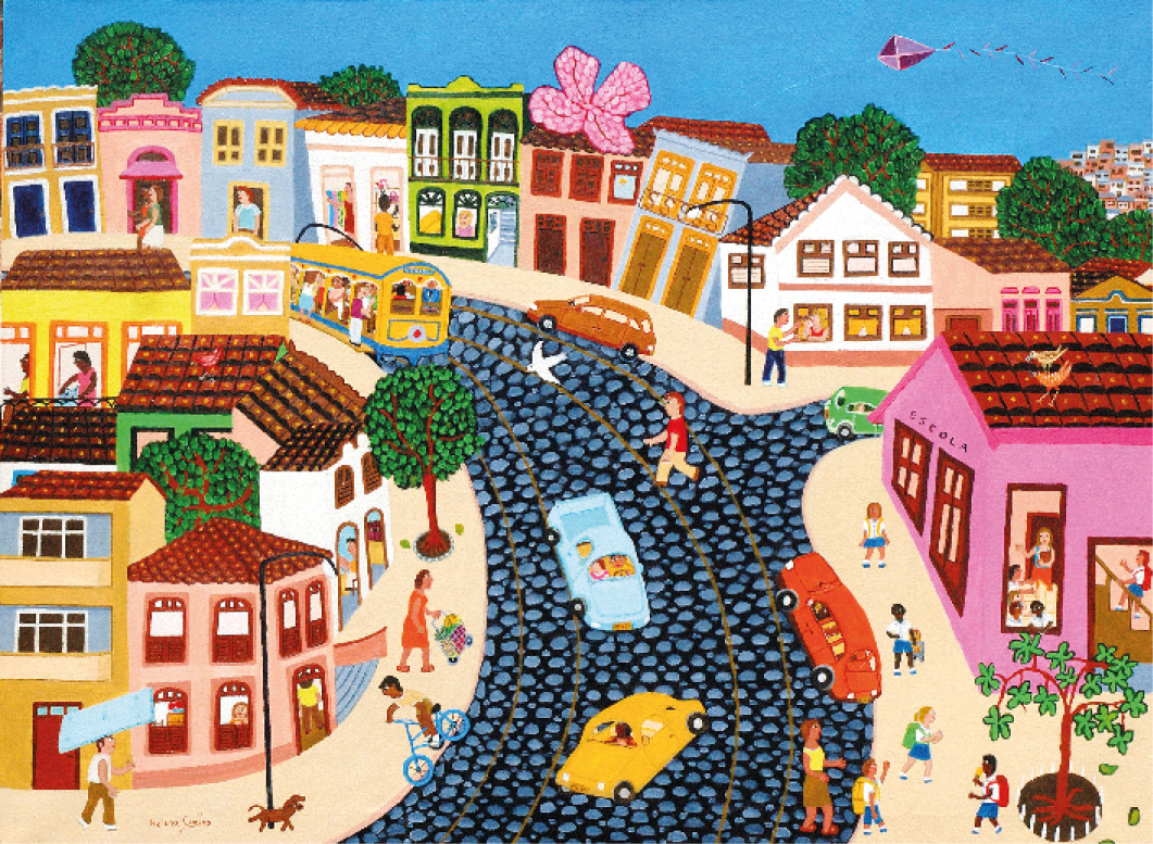 Imagem: Pintura. À esquerda há casas coloridas, árvores e pessoas andando em uma calçada. No centro há carros e um bonde em uma rua de pedras. À direita há crianças com uniforme em volta e dentro de uma escola. Atrás há construções coloridas e pessoas. Em volta há pipas coloridas no céu e pássaros voando. Fim da imagem.