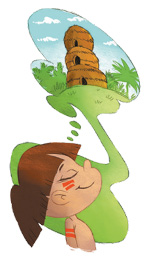 Imagem: Ilustração. Uma criança indígena com cabelo curto, pinturas no rosto e braço está sorrindo com os olhos fechados e a cabeça inclinada para trás. Acima dela há um balão de pensamento com a imagem de uma oca com três andares. Ao fundo, árvores. Fim da imagem.