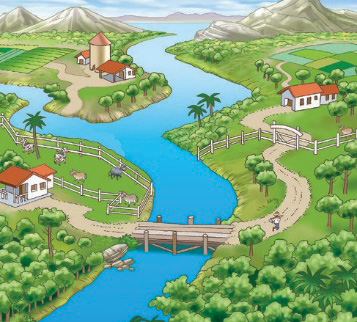 Imagem: Ilustração. No centro há um rio sinuoso e sobre ele há uma ponte de madeira. Nas margens há casas e árvores e ao fundo, morros.  Fim da imagem.