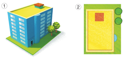 Imagem: Ilustração 1. Um prédio com telhado amarelo e uma chaminé marrom no topo. Ao lado há duas árvores.  Ilustração 2. Vista de cima de um quadrado marrom sobre um retângulo amarelo. Ao lado há dois círculos verdes.  Fim da imagem.