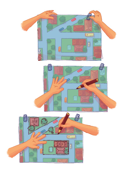 Imagem: Ilustração. Uma mão esquerda está segurando um papel transparente sobre um mapa. E uma mão direita está segurando um clipe sobre eles.  Ilustração. A mão esquerda está sobre o mapa e a mão direita está segurando um lápis sobre ele. Na parte superior há dois clipes.  Ilustração. A mão esquerda está sobre o mapa e a mão direita está desenhando as casas e ruas do mapa.  Fim da imagem.