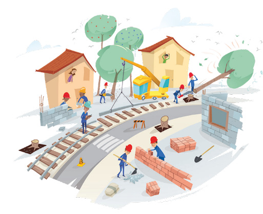 Imagem: Ilustração. Vários homens com uniforme azul e capacete de proteção vermelho. À esquerda, dois homens estão construindo um muro de tijolos. Atrás deles, uma mulher os observa atrás de uma janela de uma casa. Ao lado, um homem está segurando um motosserra ao lado de árvores. Em seguida, uma pessoa observa na janela de outra casa. Na frente da casa, dois homens estão cortando uma árvore e ao lado há um guindaste. No centro, um homem está segurando uma prancheta sobre um trilho. Ao lado, dois homens estão construindo um muro de tijolos. Fim da imagem.