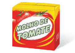 Imagem: Ilustração. Uma caixa vermelha com desenhos de tomates e a informação: MOLHO DE TOMATE. Fim da imagem.