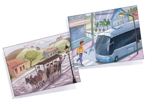 Imagem: Ilustração. À esquerda, fotografia de pessoas sentadas em um bonde, puxado por dois burros. Ao fundo, algumas casas, árvores e morros. À direita, fotografia de um homem atravessando uma rua sobre a faixa de pedestres e ao seu lado há um ônibus parado. Ao fundo, casas e vasos com plantas. Fim da imagem.